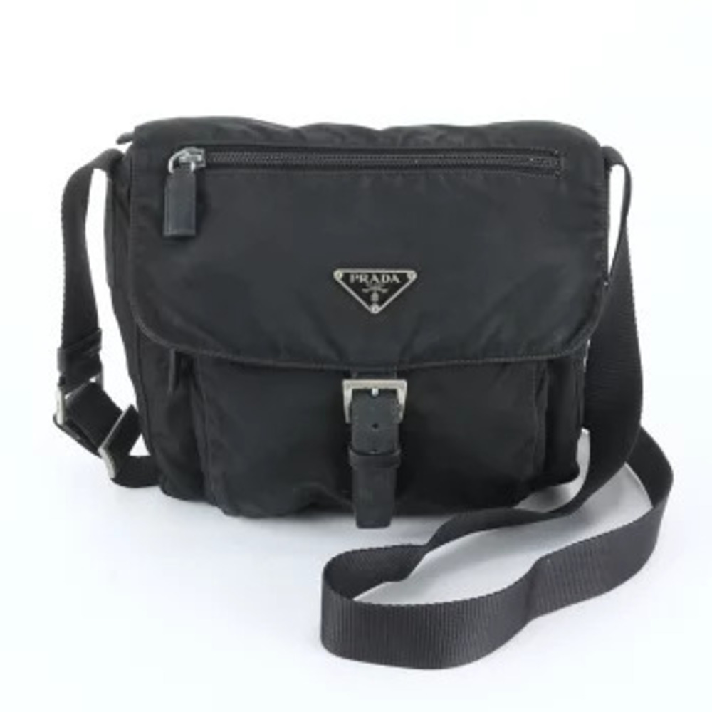 Prada Tessuto Triangle Leather Messenger Crossbody Bag Black